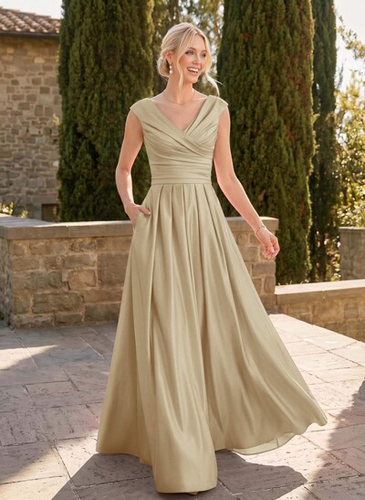 A-Line V-Neck Sleeveless Floor-Length Satin Bridesmaid Dresses With Ruffle