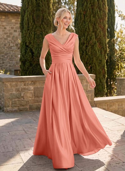 A-Line V-Neck Sleeveless Floor-Length Satin Bridesmaid Dresses With Ruffle