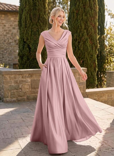 A-Line V-Neck Sleeveless Floor-Length Satin Bridesmaid Dresses With Ruffle