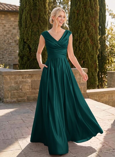 A-Line V-Neck Sleeveless Floor-Length Satin Bridesmaid Dresses With Ruffle