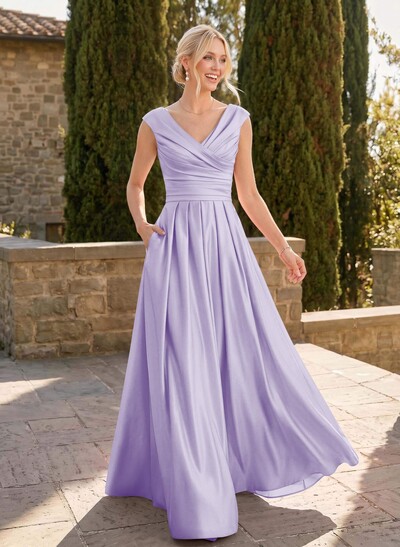 A-Line V-Neck Sleeveless Floor-Length Satin Bridesmaid Dresses With Ruffle