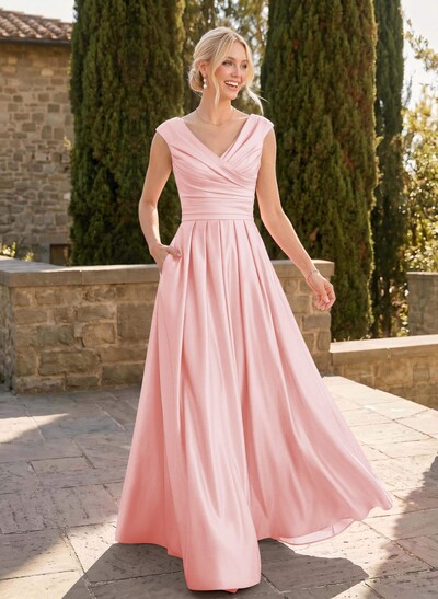 A-Line V-Neck Sleeveless Floor-Length Satin Bridesmaid Dresses With Ruffle