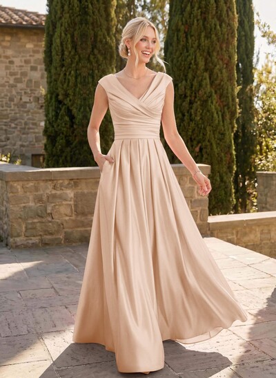 A-Line V-Neck Sleeveless Floor-Length Satin Bridesmaid Dresses With Ruffle