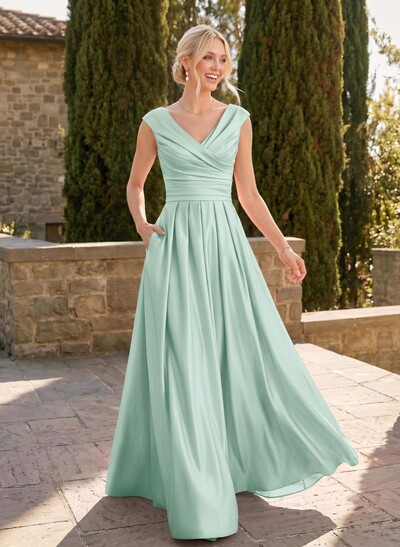 A-Line V-Neck Sleeveless Floor-Length Satin Bridesmaid Dresses With Ruffle