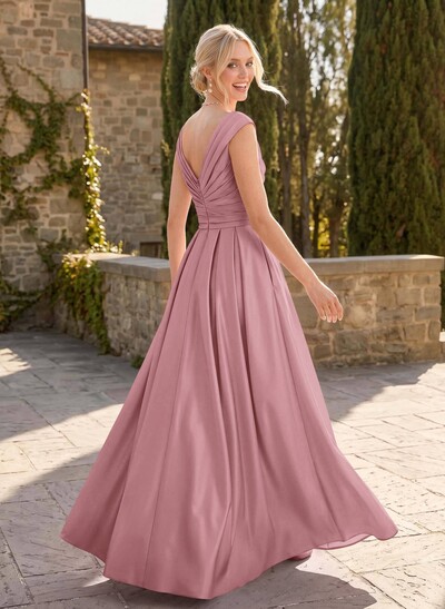 A-Line V-Neck Sleeveless Floor-Length Satin Bridesmaid Dresses With Ruffle