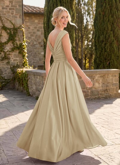 A-Line V-Neck Sleeveless Floor-Length Satin Bridesmaid Dresses With Ruffle