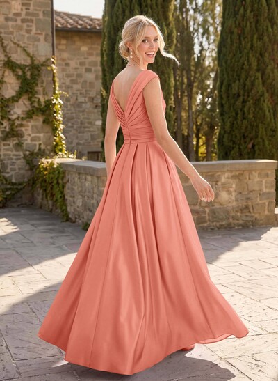 A-Line V-Neck Sleeveless Floor-Length Satin Bridesmaid Dresses With Ruffle