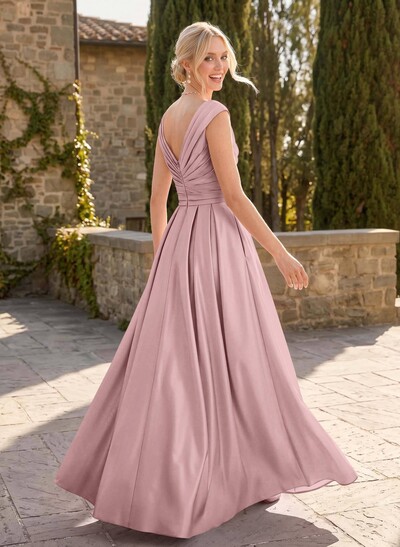 A-Line V-Neck Sleeveless Floor-Length Satin Bridesmaid Dresses With Ruffle