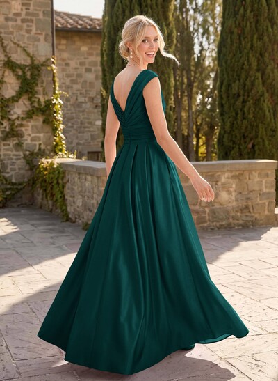 A-Line V-Neck Sleeveless Floor-Length Satin Bridesmaid Dresses With Ruffle