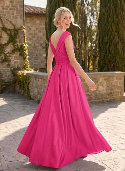 A-Line V-Neck Sleeveless Floor-Length Satin Bridesmaid Dresses With Ruffle