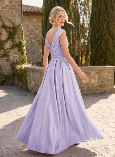 A-Line V-Neck Sleeveless Floor-Length Satin Bridesmaid Dresses With Ruffle