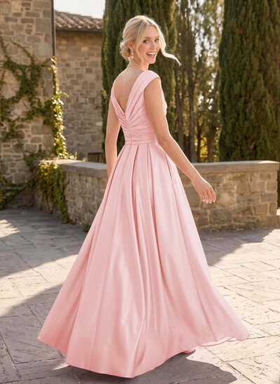A-Line V-Neck Sleeveless Floor-Length Satin Bridesmaid Dresses With Ruffle