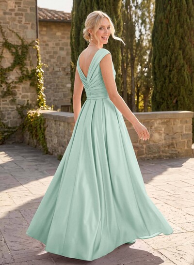 A-Line V-Neck Sleeveless Floor-Length Satin Bridesmaid Dresses With Ruffle