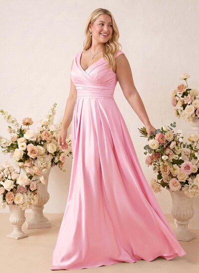 A-Line V-Neck Sleeveless Floor-Length Satin Bridesmaid Dresses With Ruffle