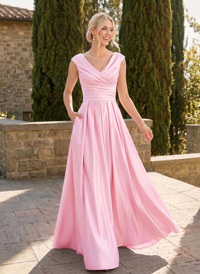 A-Line V-Neck Sleeveless Floor-Length Satin Bridesmaid Dresses With Ruffle