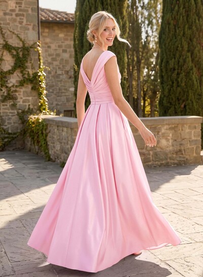 A-Line V-Neck Sleeveless Floor-Length Satin Bridesmaid Dresses With Ruffle