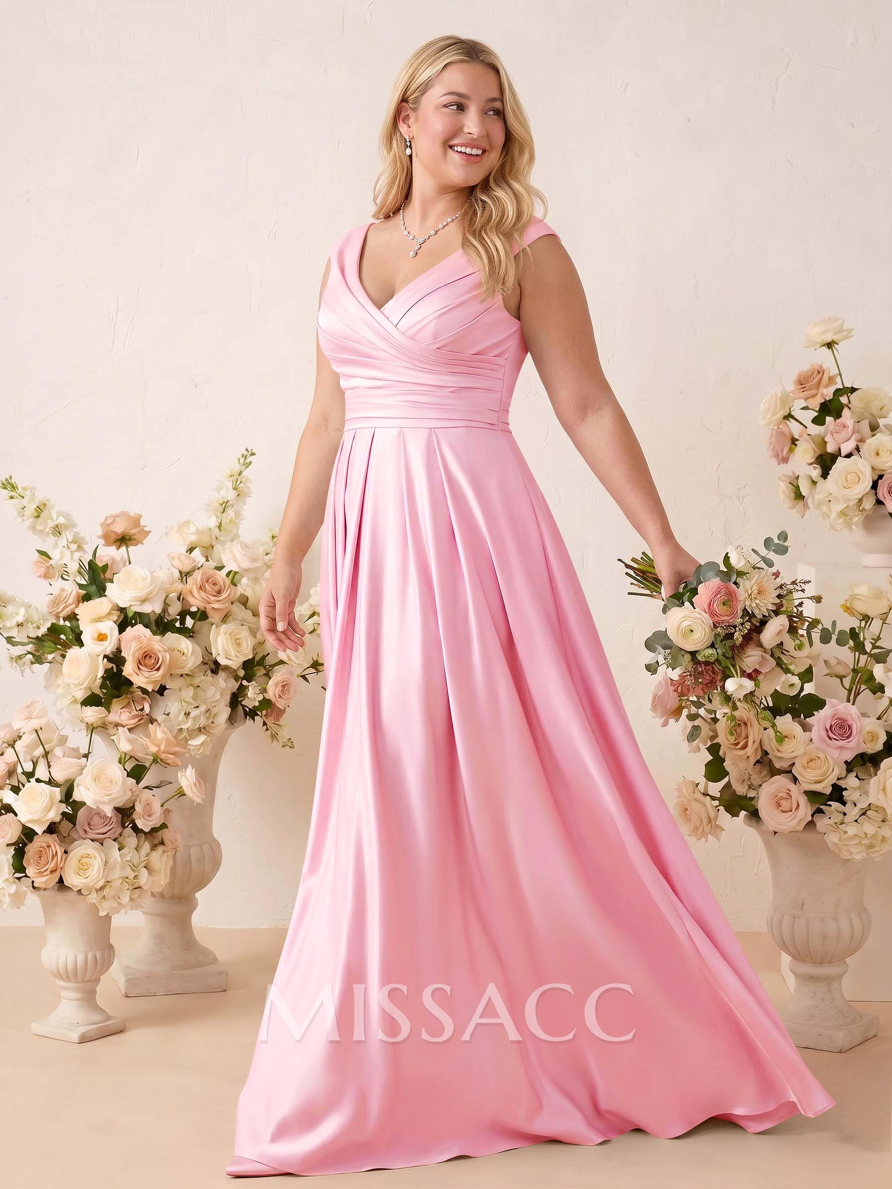 A-Line V-Neck Sleeveless Floor-Length Satin Bridesmaid Dresses With Ruffle