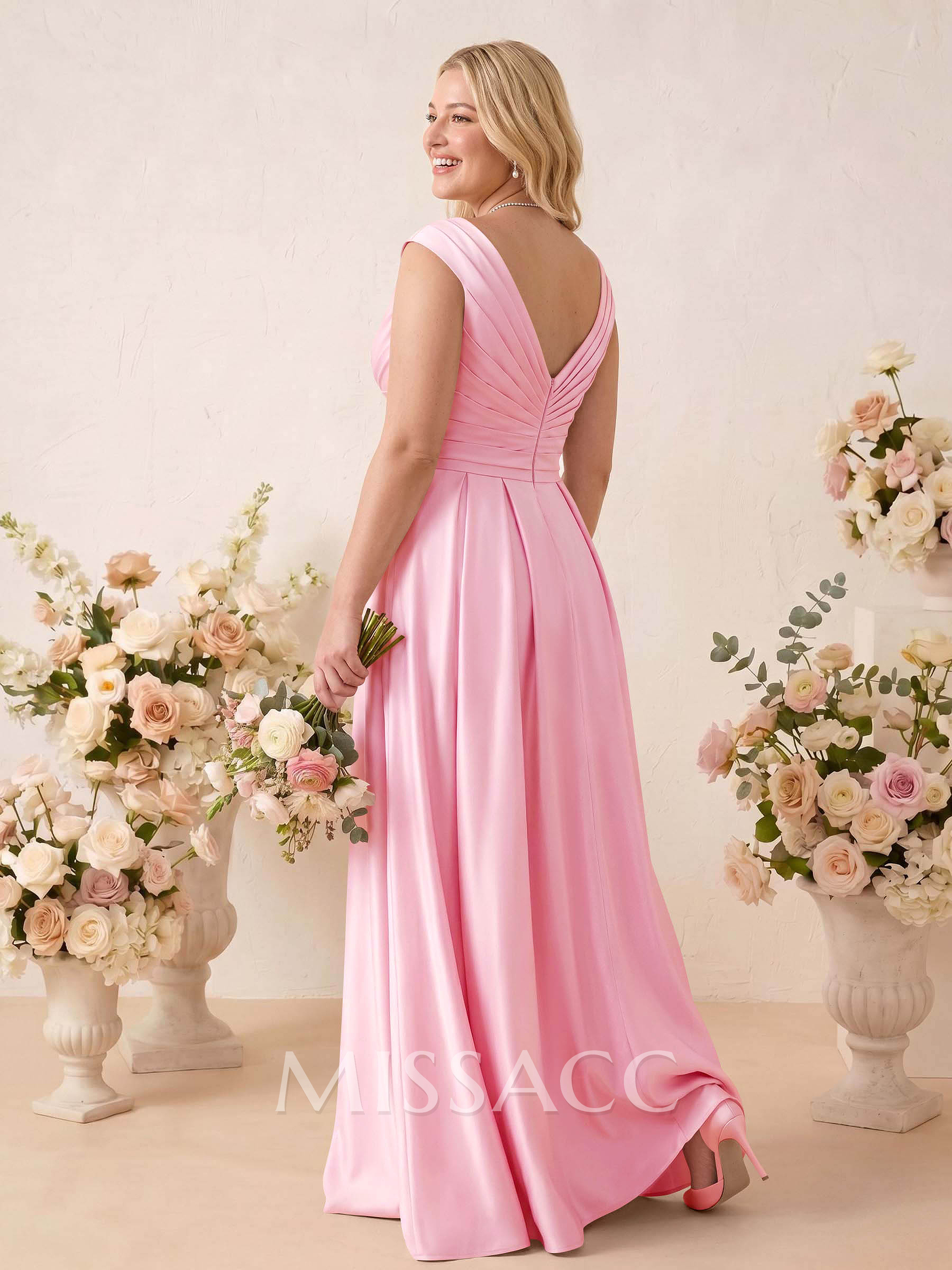 A-Line V-Neck Sleeveless Floor-Length Satin Bridesmaid Dresses With Ruffle