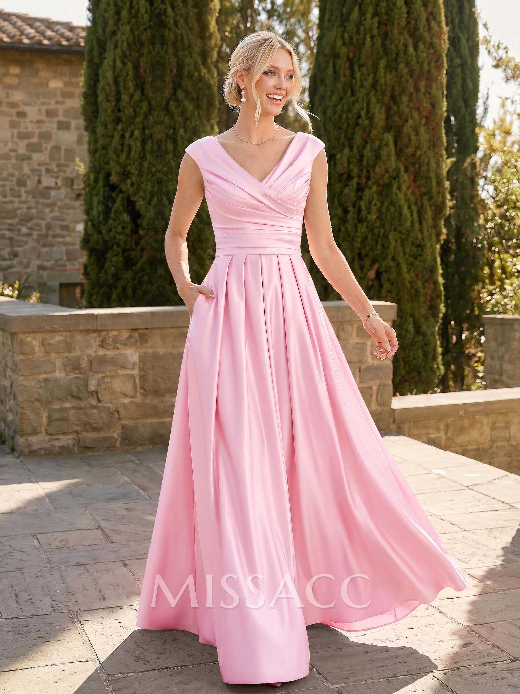 A-Line V-Neck Sleeveless Floor-Length Satin Bridesmaid Dresses With Ruffle