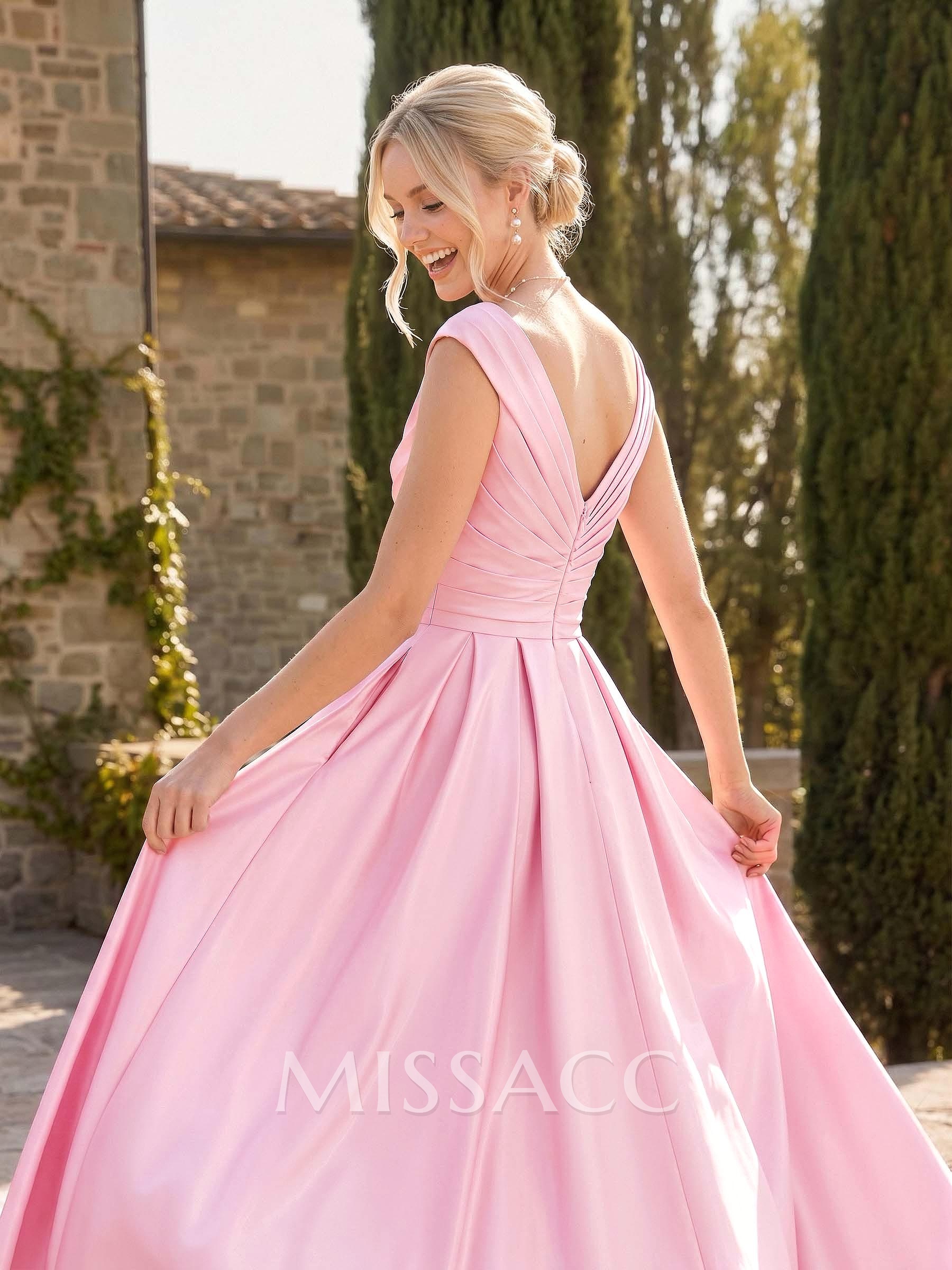 A-Line V-Neck Sleeveless Floor-Length Satin Bridesmaid Dresses With Ruffle