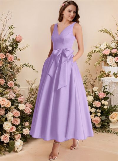 A-Line V-Neck Satin Mother Of The Bride Dresses With Bow(s)/Pockets