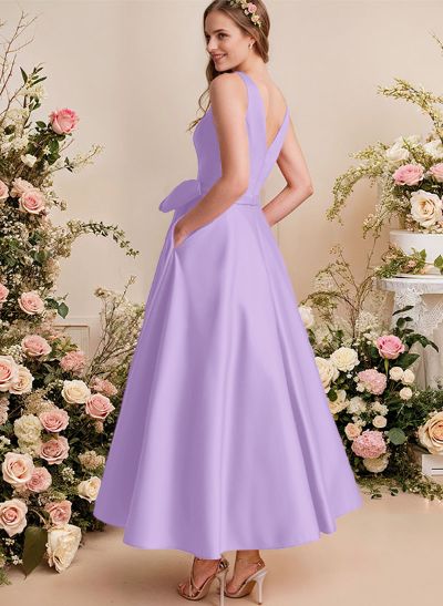 A-Line V-Neck Satin Mother Of The Bride Dresses With Bow(s)/Pockets