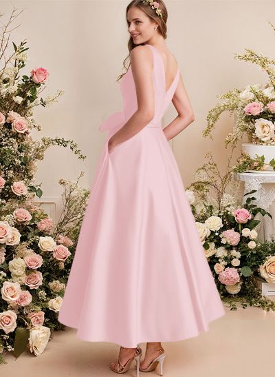 A-Line V-Neck Satin Mother Of The Bride Dresses With Bow(s)/Pockets