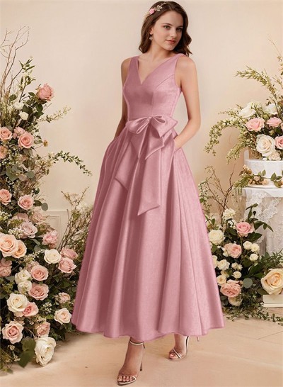 A-Line V-Neck Satin Mother Of The Bride Dresses With Bow(s)/Pockets