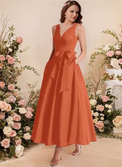 A-Line V-Neck Satin Mother Of The Bride Dresses With Bow(s)/Pockets