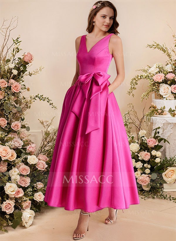 A-Line V-Neck Satin Mother Of The Bride Dresses With Bow(s)/Pockets