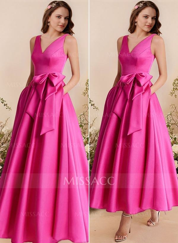 A-Line V-Neck Satin Mother Of The Bride Dresses With Bow(s)/Pockets