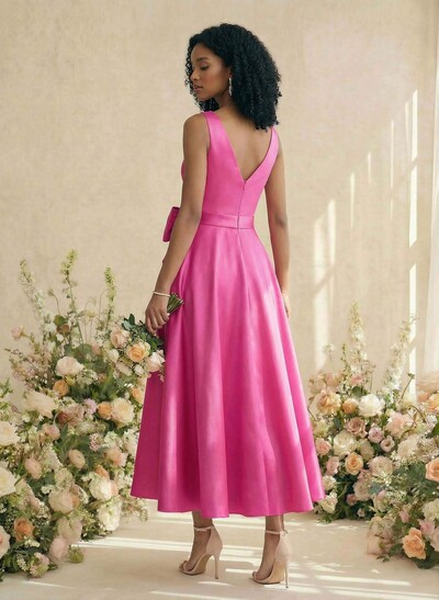 A-Line V-Neck Satin Mother Of The Bride Dresses With Bow(s)/Pockets