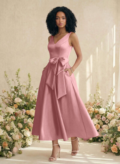 A-Line V-Neck Satin Mother Of The Bride Dresses With Bow(s)/Pockets