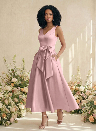 A-Line V-Neck Satin Mother Of The Bride Dresses With Bow(s)/Pockets