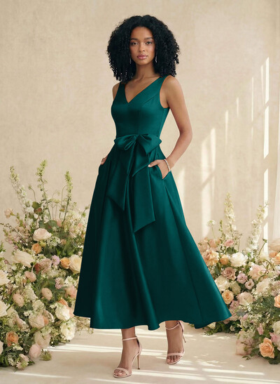 A-Line V-Neck Satin Mother Of The Bride Dresses With Bow(s)/Pockets