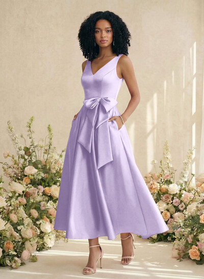 A-Line V-Neck Satin Mother Of The Bride Dresses With Bow(s)/Pockets