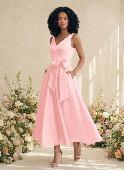 A-Line V-Neck Satin Mother Of The Bride Dresses With Bow(s)/Pockets