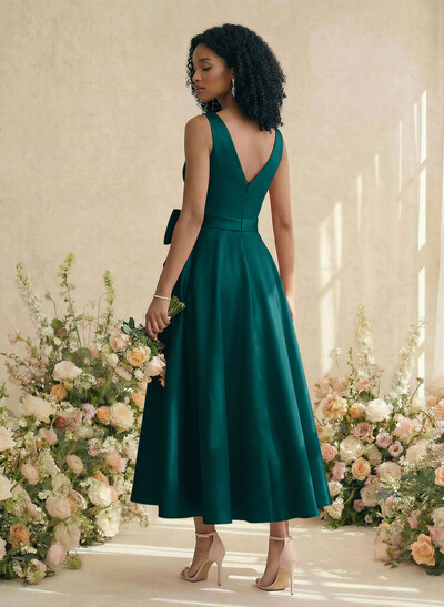 A-Line V-Neck Satin Mother Of The Bride Dresses With Bow(s)/Pockets