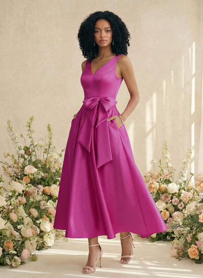 A-Line V-Neck Satin Mother Of The Bride Dresses With Bow(s)/Pockets