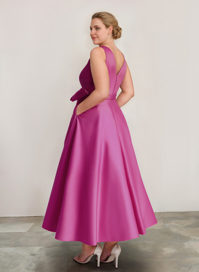 A-Line V-Neck Satin Mother Of The Bride Dresses With Bow(s)/Pockets