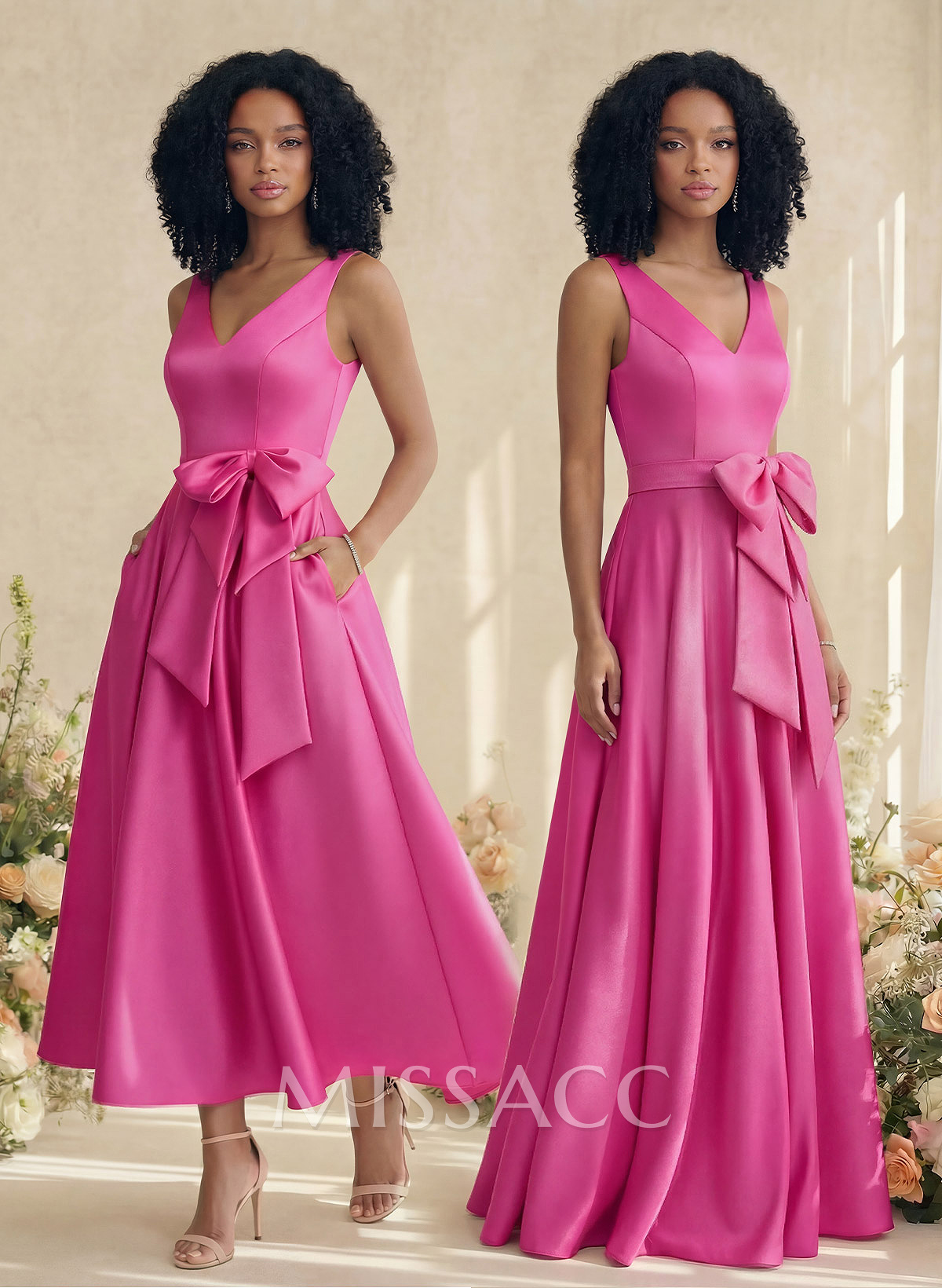 A-Line V-Neck Satin Mother Of The Bride Dresses With Bow(s)/Pockets