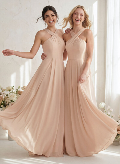 A-Line Halter Sleeveless Floor-Length Chiffon Bridesmaid Dresses