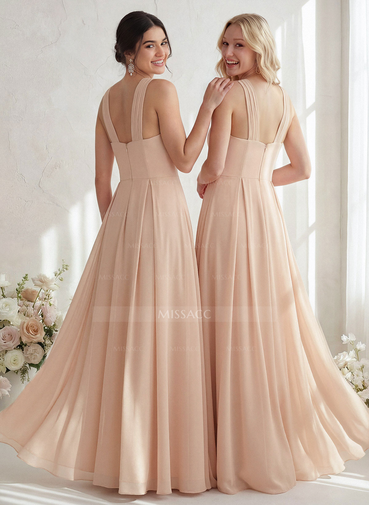 A-Line Halter Sleeveless Floor-Length Chiffon Bridesmaid Dresses