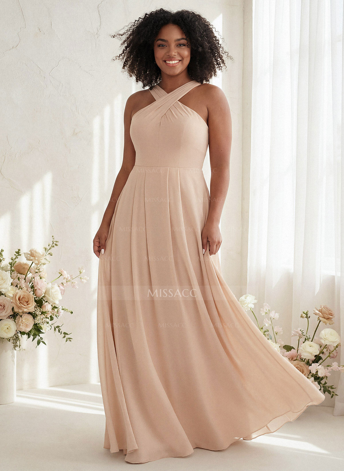 A-Line Halter Sleeveless Floor-Length Chiffon Bridesmaid Dresses