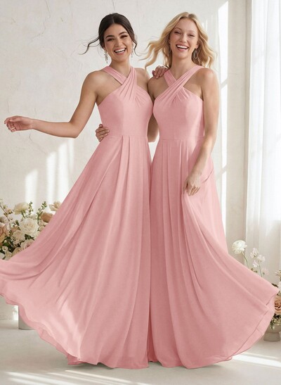 A-Line Halter Sleeveless Floor-Length Chiffon Bridesmaid Dresses