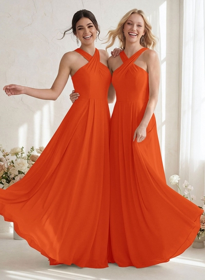 A-Line Halter Sleeveless Floor-Length Chiffon Bridesmaid Dresses