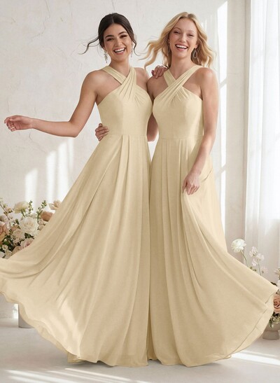 A-Line Halter Sleeveless Floor-Length Chiffon Bridesmaid Dresses