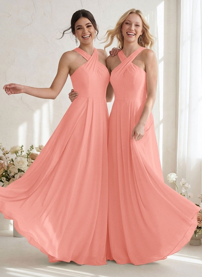 A-Line Halter Sleeveless Floor-Length Chiffon Bridesmaid Dresses