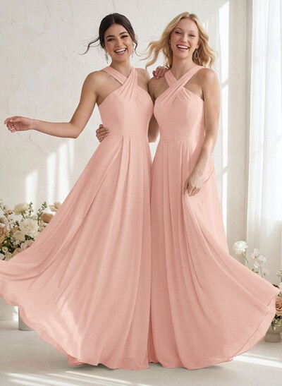 A-Line Halter Sleeveless Floor-Length Chiffon Bridesmaid Dresses