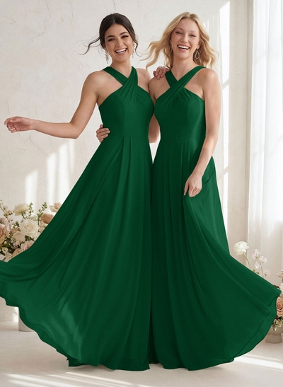 A-Line Halter Sleeveless Floor-Length Chiffon Bridesmaid Dresses